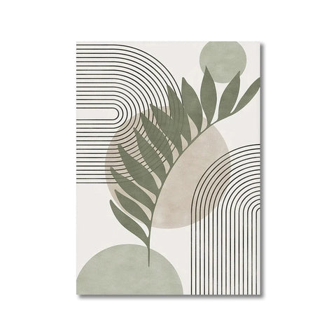 Nordic geometric leaf print, centre design — green leaves and geometric shapes