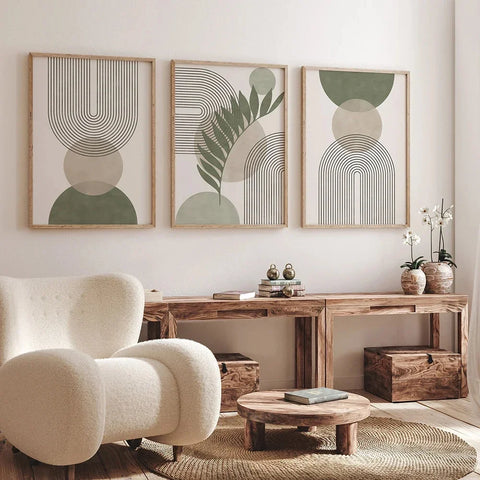 Nordic geometric leaf prints in a living room with a white armchair