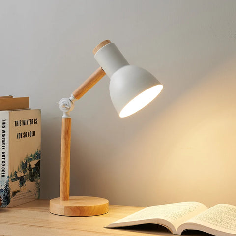 Nordic wooden desk lamp in white, with an adjustable wooden arm