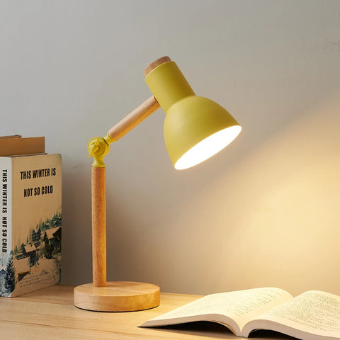 Nordic wooden desk lamp in yellow, with an adjustable wooden arm