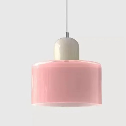 Pink glass pendant light with a grey cap