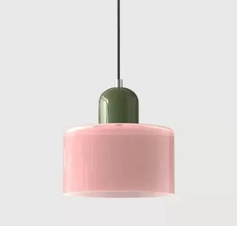 Pink glass pendant light with an olive cap