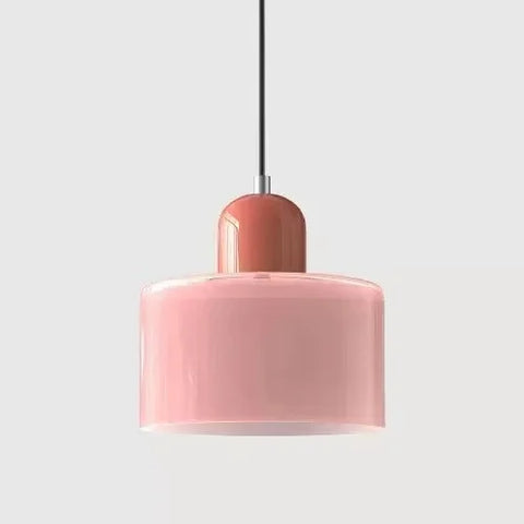 Pink glass pendant light with a terracotta cap