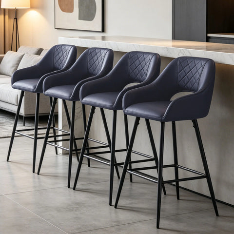 Four black faux leather quilted bar stools with arms
