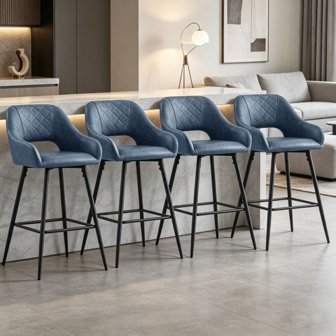 Four blue-grey faux leather quilted bar stools with arms