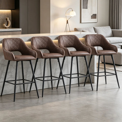 Four brown faux leather quilted bar stools with arms