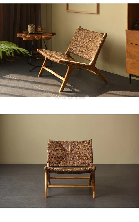 Woven rattan lounge chair seen from the front and at an angle