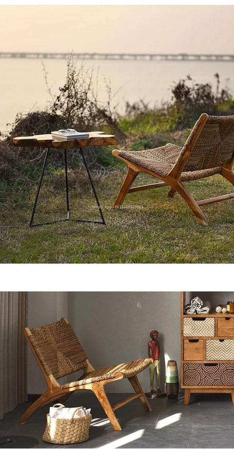 Woven rattan lounge chair in a styled interior