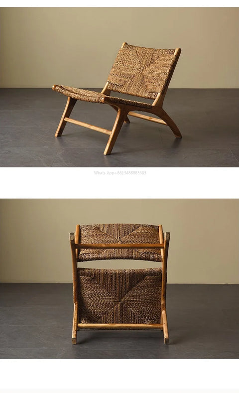 Woven rattan lounge chair seen from the side and the back