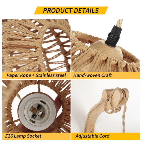 Rattan wall lamp construction — paper rope shade, E26 socket and adjustable cord