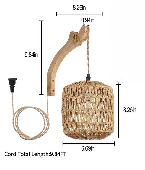 Rattan wall lamp dimensions — 21 cm arm, 21 cm shade, 3 m cord
