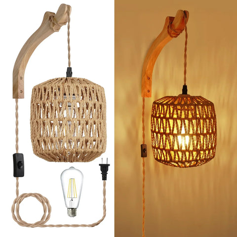 Rattan wall lamp with a woven shade on a curved wooden arm
