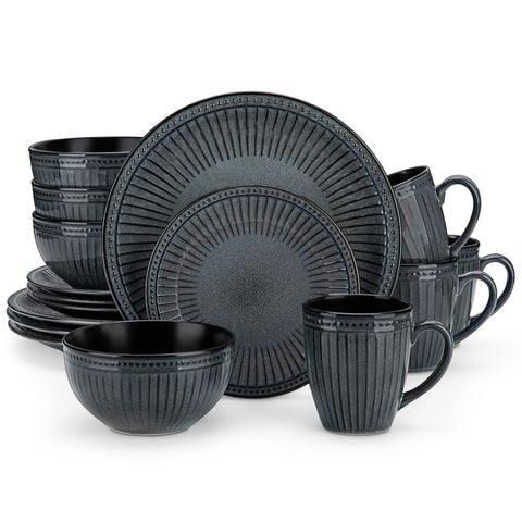 Ribbed ceramic dinner set in black grey, plates, bowls and mugs stacked