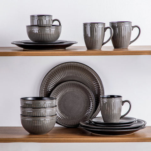 Dark brown ribbed ceramic dinner set with matching mugs