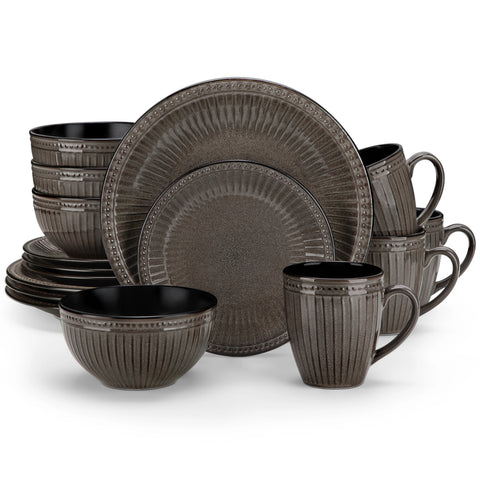 Ribbed ceramic dinner set in dark brown, stacked