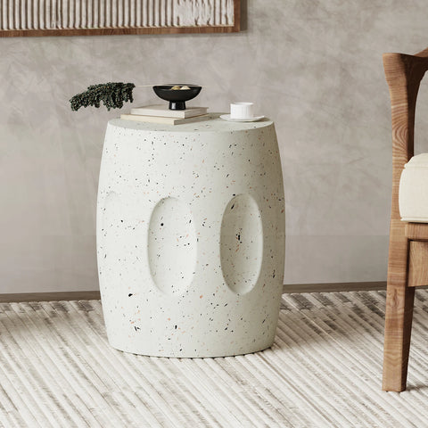 Off-white lightweight concrete side table with a softly textured finish