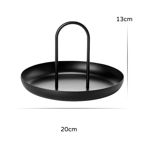 Black round handled tray — 20 cm across, 13 cm handle