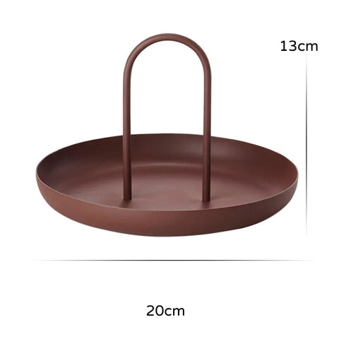 Crimson round handled tray — 20 cm across, 13 cm handle