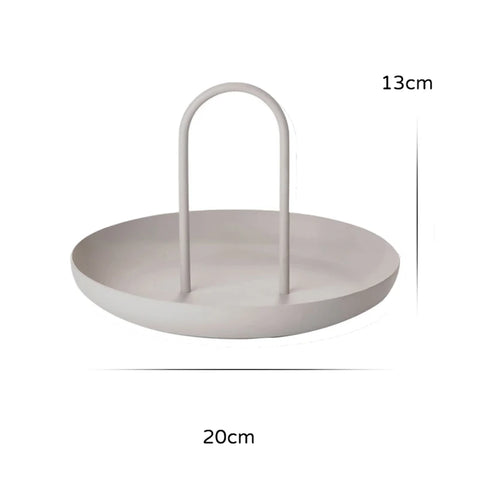 Light grey round handled tray — 20 cm across, 13 cm handle