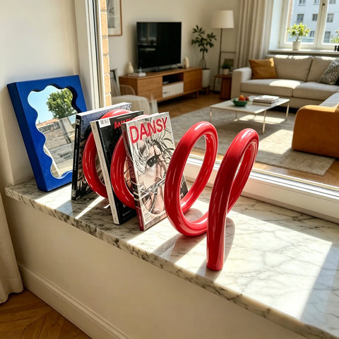 Spiral magazine rack in red, holding magazines on a windowsill