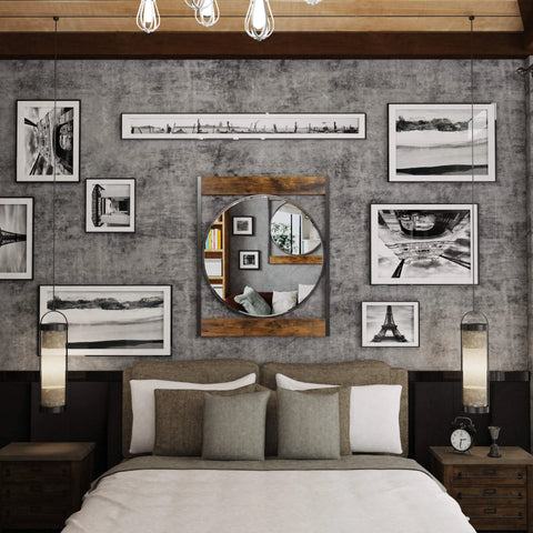 Square-framed round mirror in brown metal, mounted on a bedroom wall