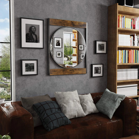 Square-framed round mirror in a living room above a sofa
