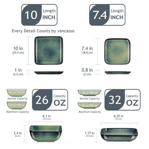 Square dinner set dimensions — plate sizes and 26 oz and 32 oz bowl capacities