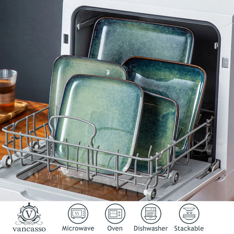 Square stoneware dinner set in a dishwasher rack, with care symbols