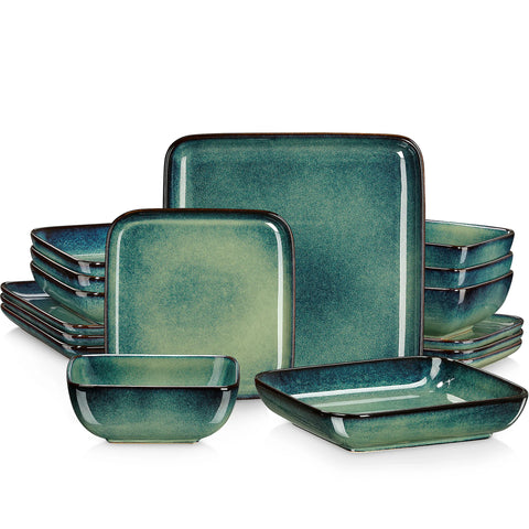 Green gradient glaze square dinner set, 16 pieces for four people