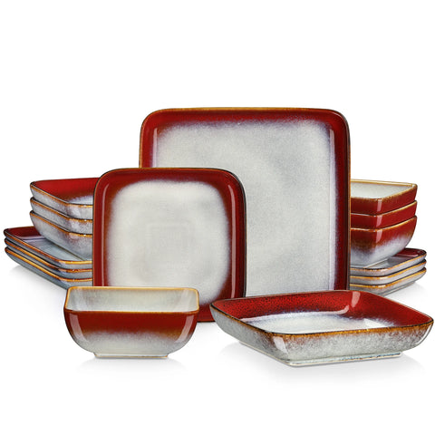 Red gradient glaze square dinner set, 16 pieces for four people