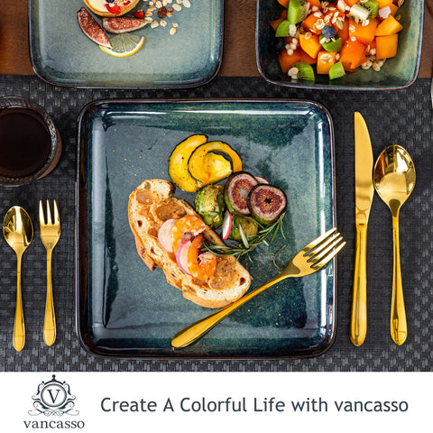 Square green stoneware plate served with a colourful meal