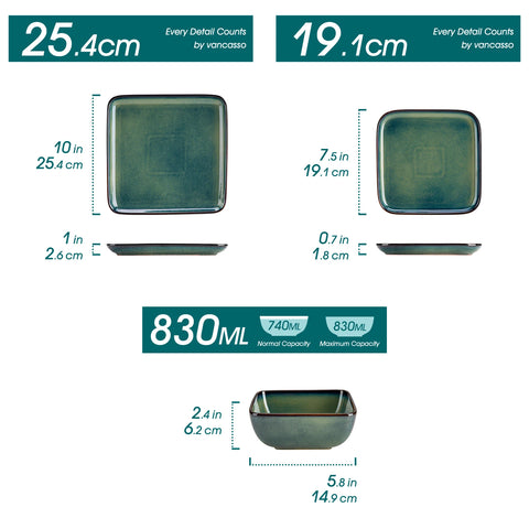 Square green glaze dinner set dimensions — 19 cm plate and 830 ml bowl