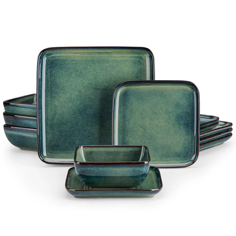 Square green glaze dinner set, plates and bowls