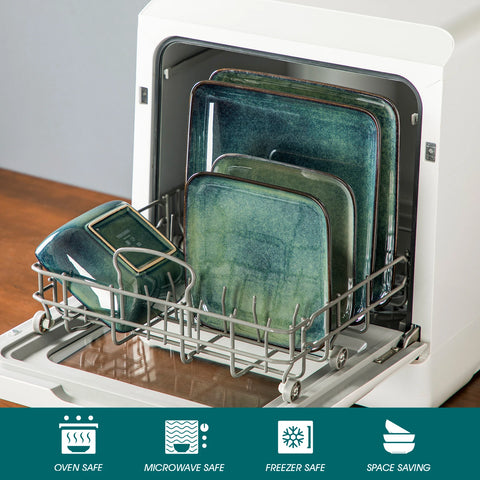 Square green glaze dinner set loaded into a dishwasher rack