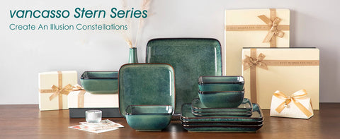 Square green glaze dinner set shown with its packaging