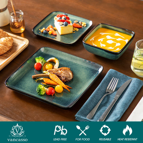 Square green glaze plates served with food