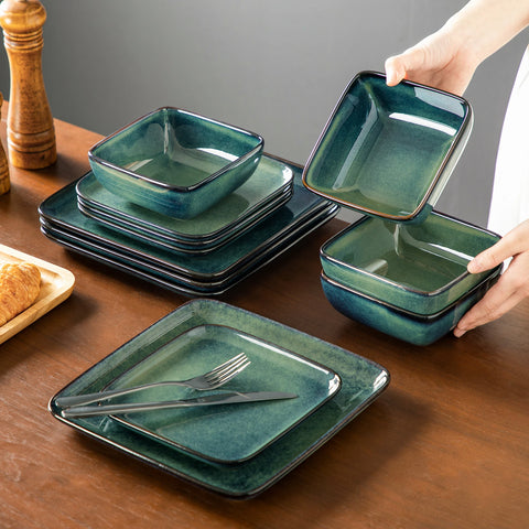 Stacked square green glaze plates and bowls