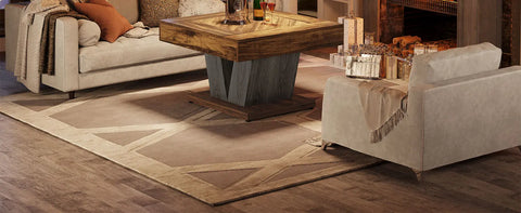 Square wooden coffee table, close view of the top and crossed base