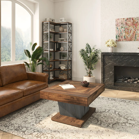 Square coffee table with a dark crossed-panel base beside a fireplace