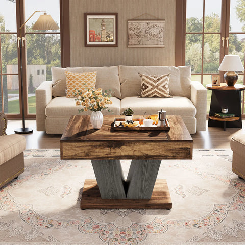 Square wooden coffee table in rustic brown in a living room