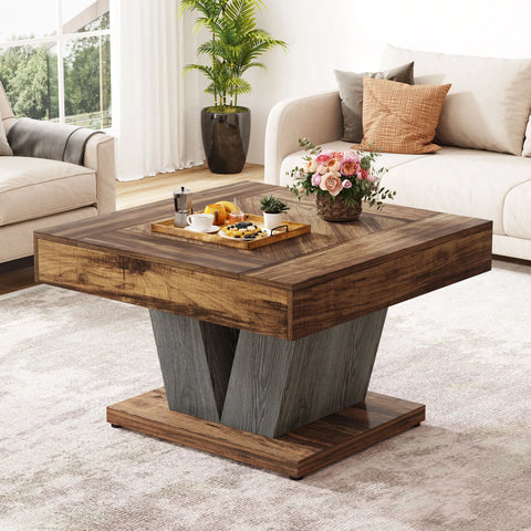 Rustic brown square coffee table, 80 cm, in front of a cream sofa