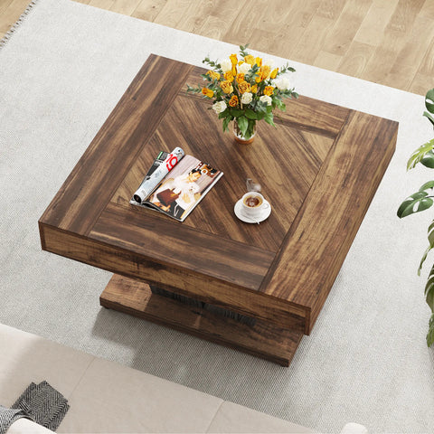 Square wooden coffee table, overhead view of the wood-effect top