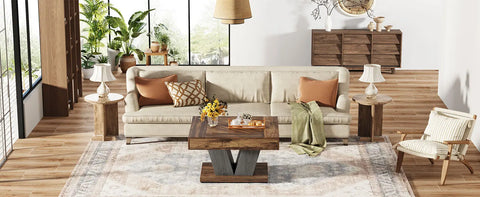 Square wooden coffee table with a sofa and armchair