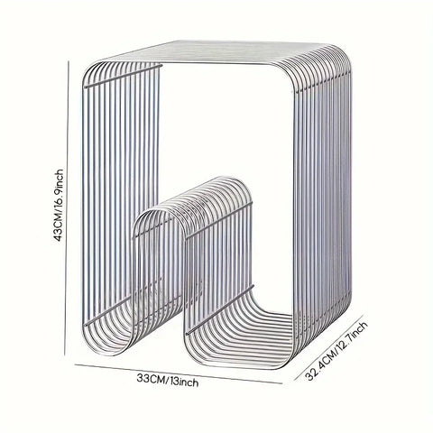 Silver wire side table with dimensions marked