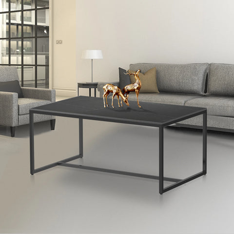 Black stone coffee table with a black metal frame