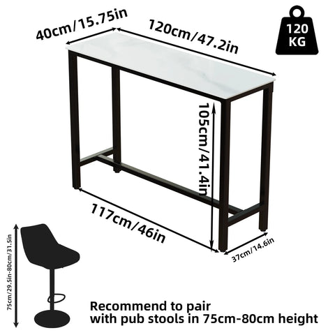 Stone top bar table dimensions — 120 cm wide, 40 cm deep, 105 cm high, holds 120 kg