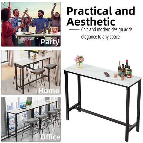 Stone top bar table shown in party, home and office settings