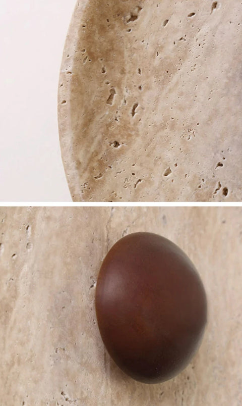 Travertine surface and dark wood dome detail