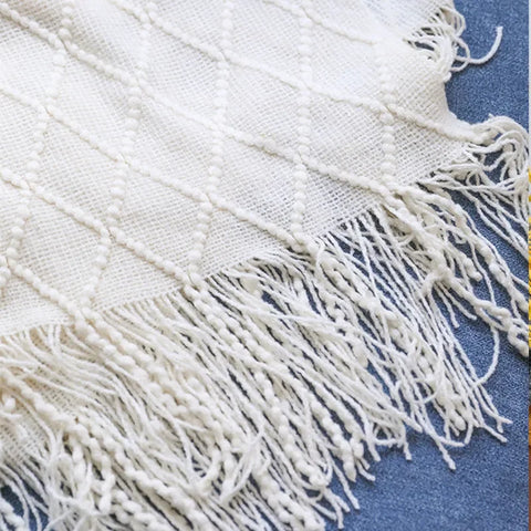 Close-up of the cream diamond knit and tassels