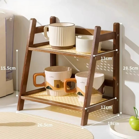 Two-tier bamboo shelf in brown, with dimensions marked